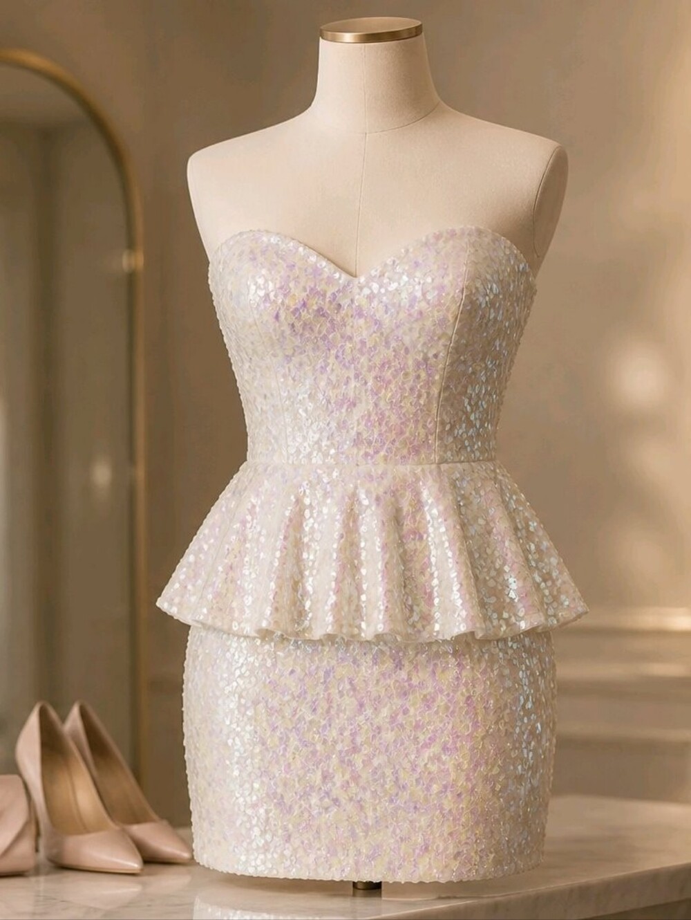 Homecoming Vintage Iridescent White Sequin Peplum Strapless Mini Dress